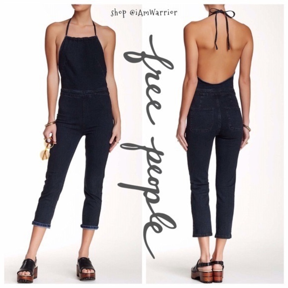 Free People Skinny Halter Washed Denim Overalls